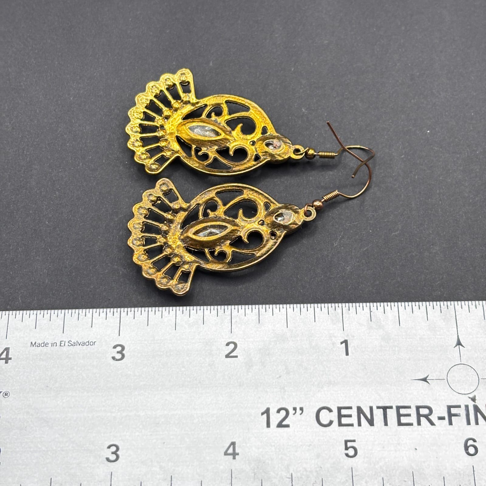 Vintage Y2K Brass Tone Dangle Earrings Blue Clear Rhinestone Filigree Women's - Thumbnail 10