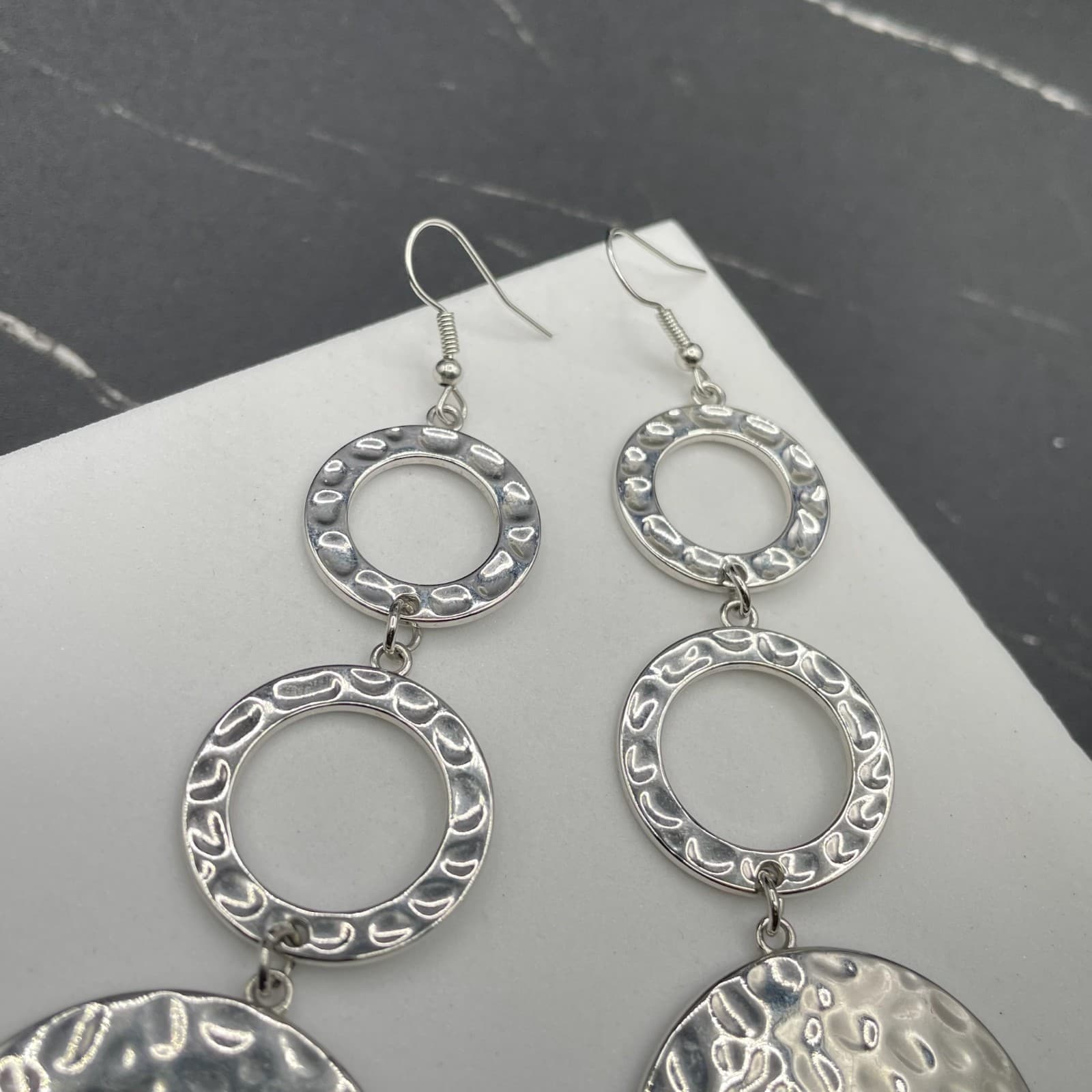 Bohemian Silver-Tone Hammered Triple Blooming Baubles Drop Dangle Earrings - Thumbnail 7