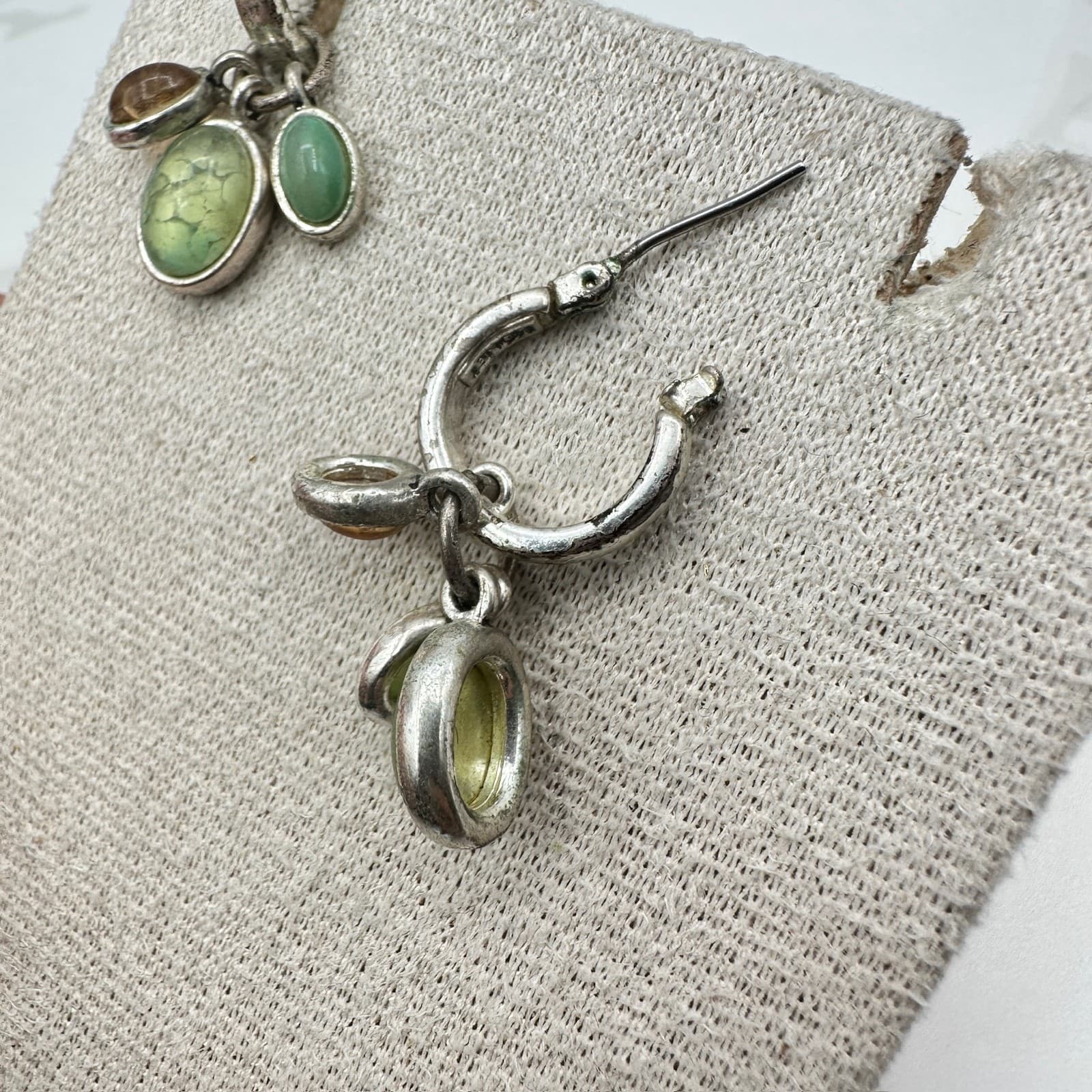 Vintage Monet Green Amber Oval Gemstones Silver-Tone Dangle Drop Earrings - Thumbnail 4