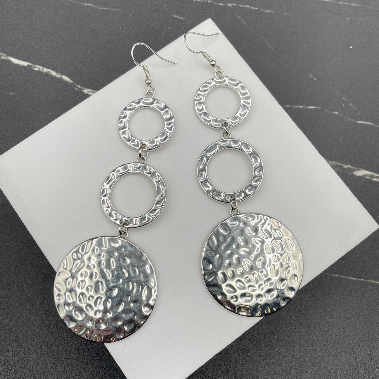 Bohemian Silver-Tone Hammered Triple Blooming Baubles Drop Dangle Earrings - Image 1