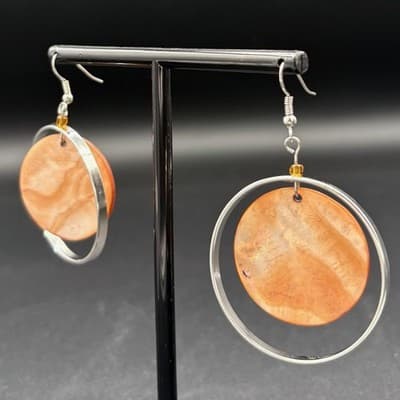 Vintage Orange Shell Disc Dangle Hoop Earrings Bohemian Beachy Boho Drop - Thumbnail 4