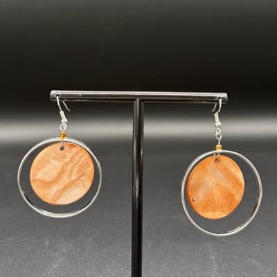 Vintage Orange Shell Disc Dangle Hoop Earrings Bohemian Beachy Boho Drop - Thumbnail 5