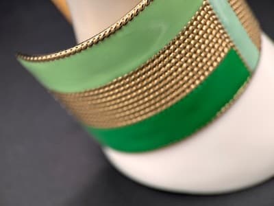 Vintage Gold Tone Green Enamel Mesh Wide Cuff Bracelet Geometric Abstract - Thumbnail 2