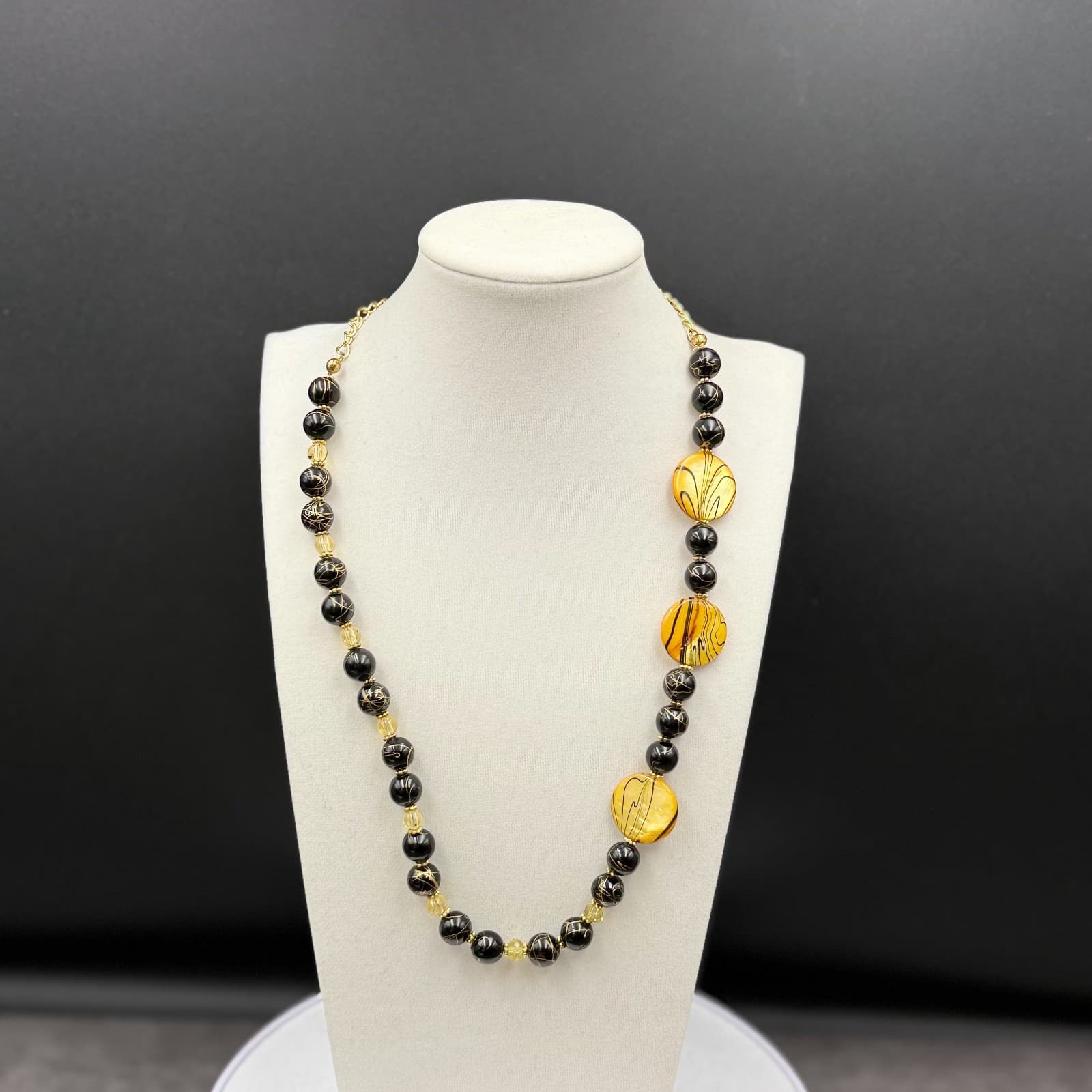 Vintage Black & Gold Glass Bead Necklace w/ Round Artistic Accents - Image 1