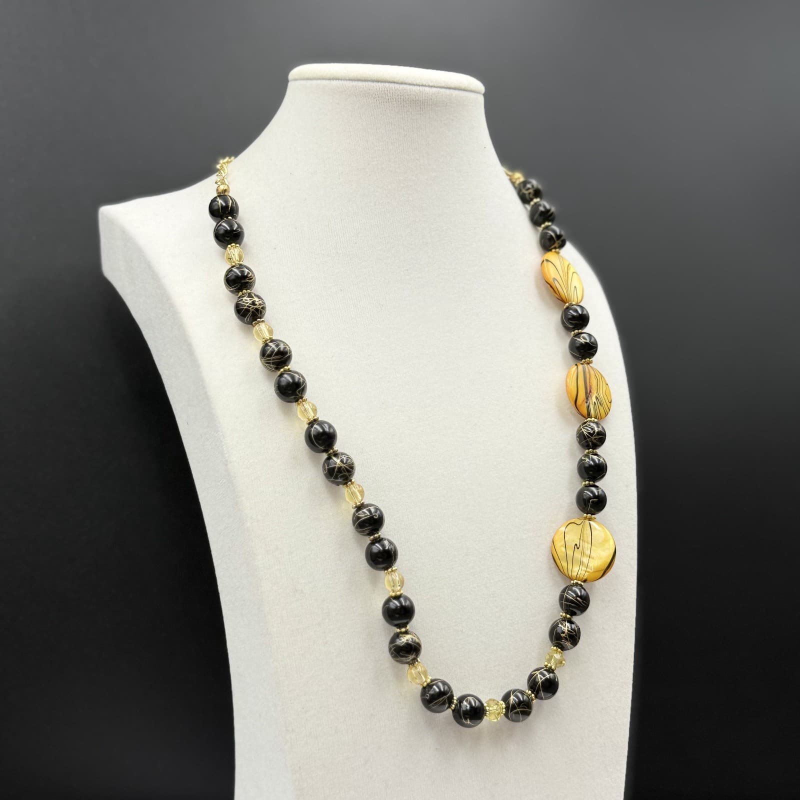 Vintage Black & Gold Glass Bead Necklace w/ Round Artistic Accents - Thumbnail 2
