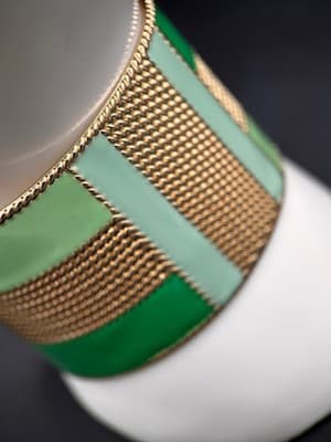 Vintage Gold Tone Green Enamel Mesh Wide Cuff Bracelet Geometric Abstract - Thumbnail 3