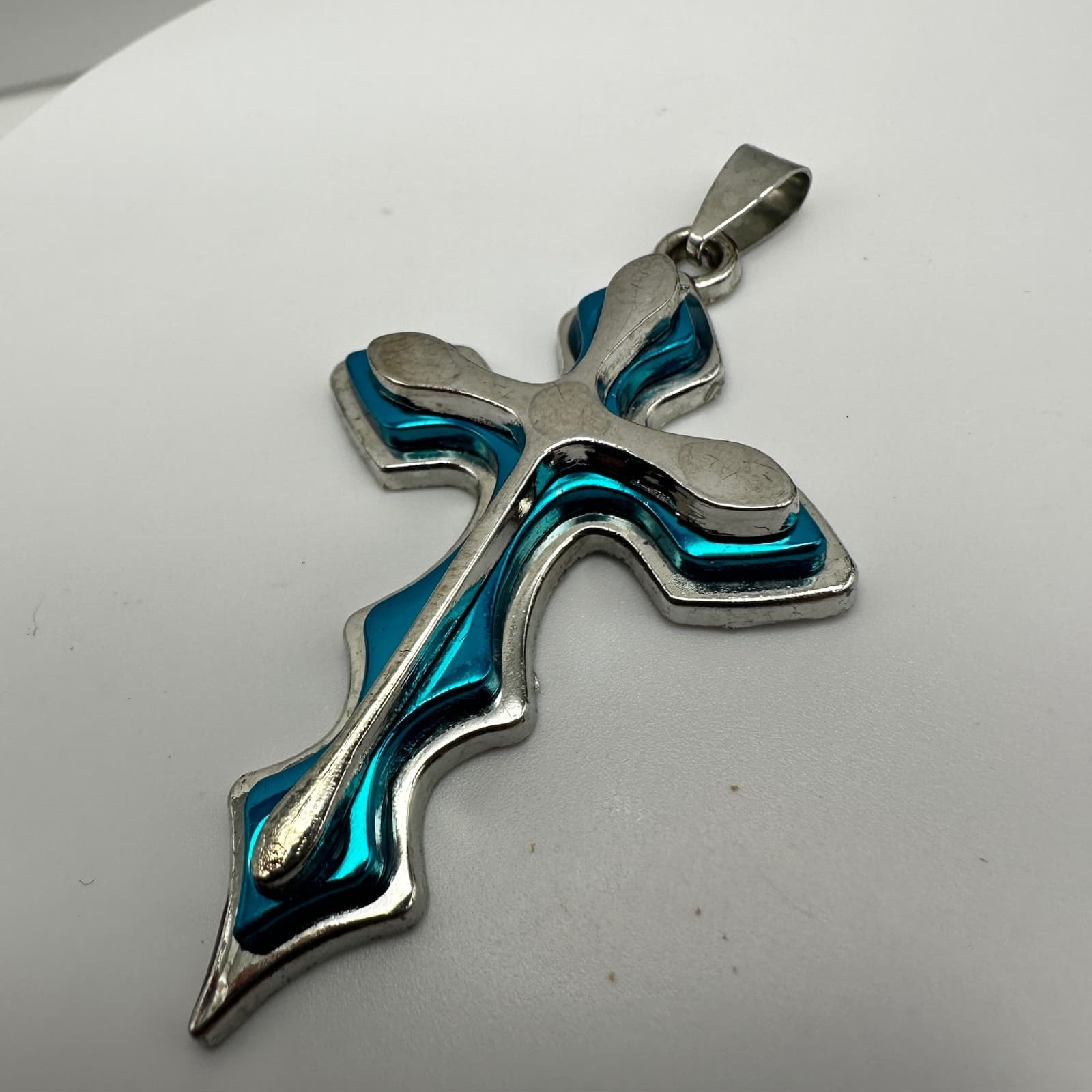 Vintage 80s Gothic Blue Enamel Silver Tone Large Cross Pendant Necklace Jewelry - Thumbnail 4