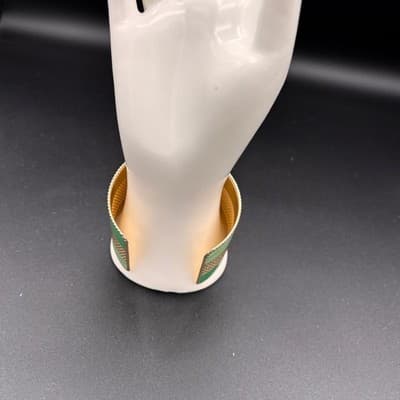 Vintage Gold Tone Green Enamel Mesh Wide Cuff Bracelet Geometric Abstract - Thumbnail 4