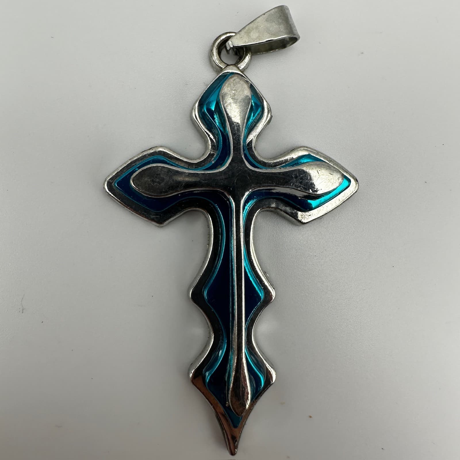 Vintage 80s Gothic Blue Enamel Silver Tone Large Cross Pendant Necklace Jewelry - Thumbnail 2