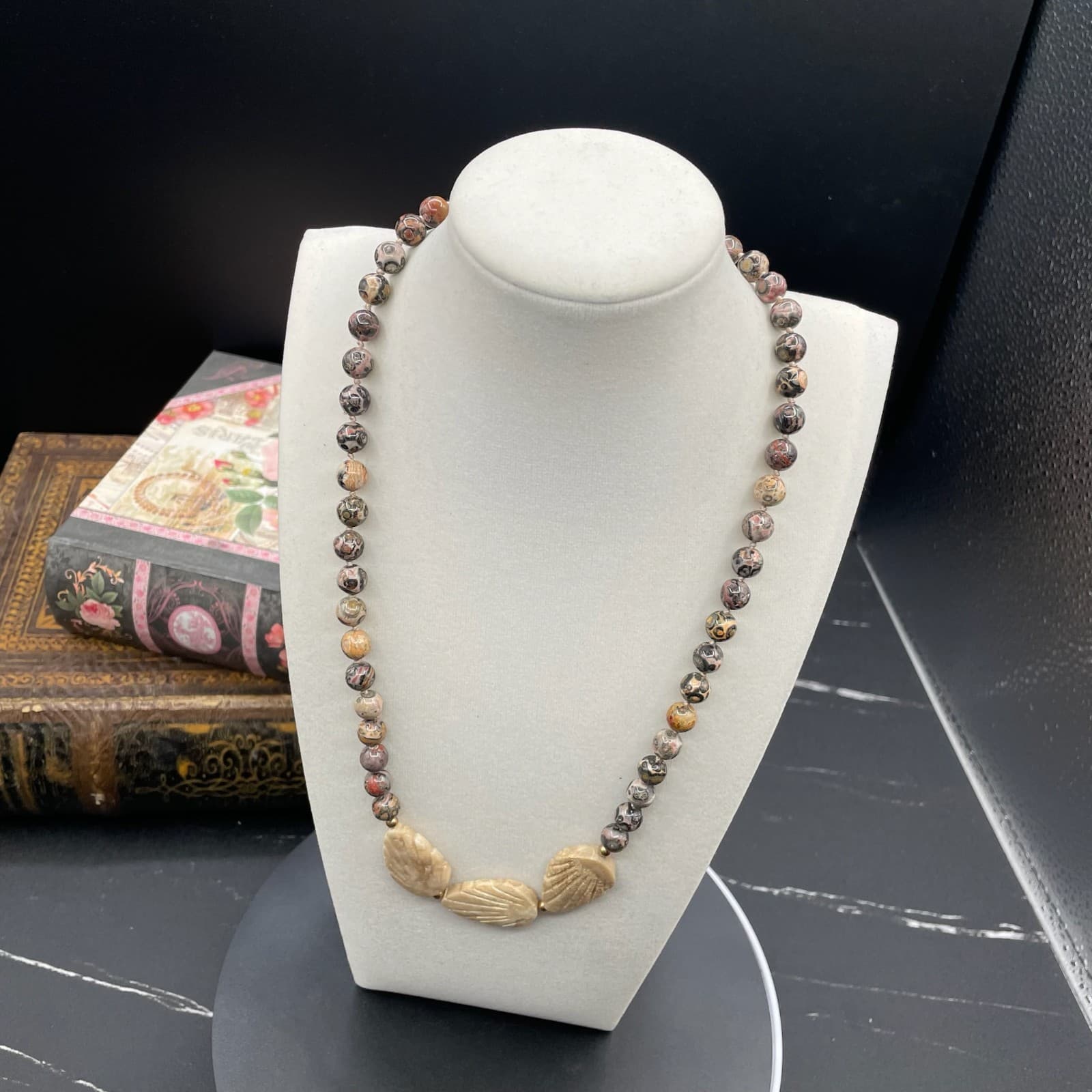 Contemporary Beige Classic Carved Shell Leopard Skin Jasper Statement Necklace - Thumbnail 2