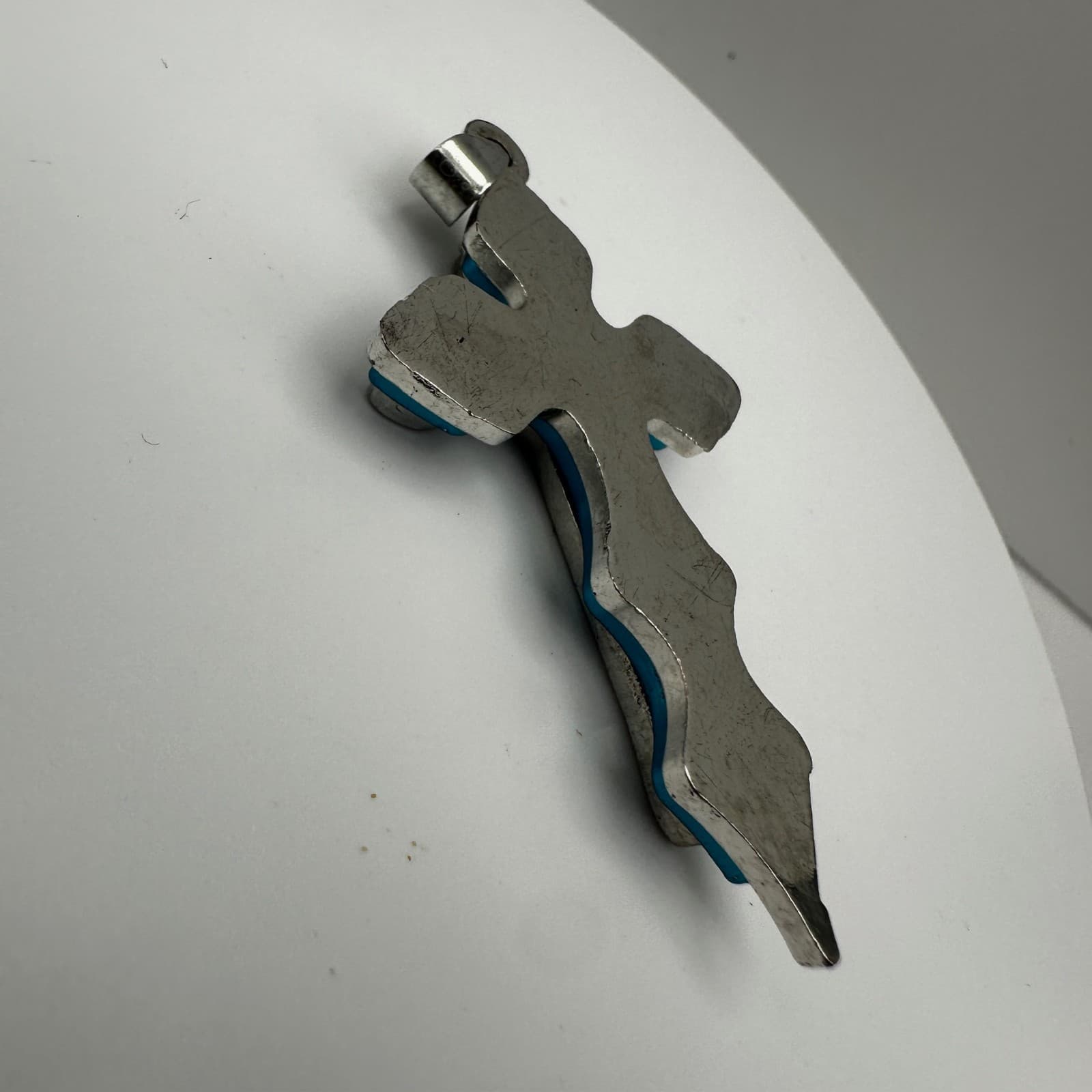 Vintage 80s Gothic Blue Enamel Silver Tone Large Cross Pendant Necklace Jewelry - Thumbnail 6