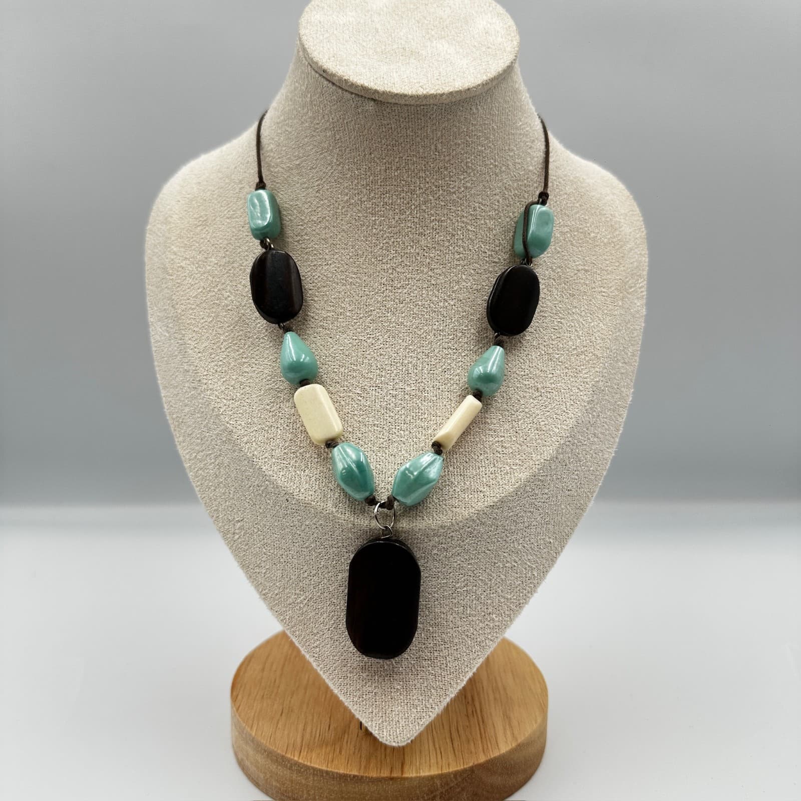 Chunky Black Turquoise Ivory Bead Boho Statement Necklace Adjustable Cord - Image 1