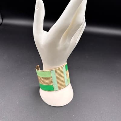 Vintage Gold Tone Green Enamel Mesh Wide Cuff Bracelet Geometric Abstract - Thumbnail 5