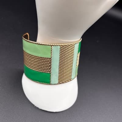 Vintage Gold Tone Green Enamel Mesh Wide Cuff Bracelet Geometric Abstract - Thumbnail 6