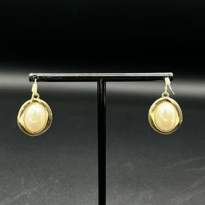 Vintage Gold Oval Drop Earrings w/ Faux Pearl Center – Classic 80s Glam - Image 1