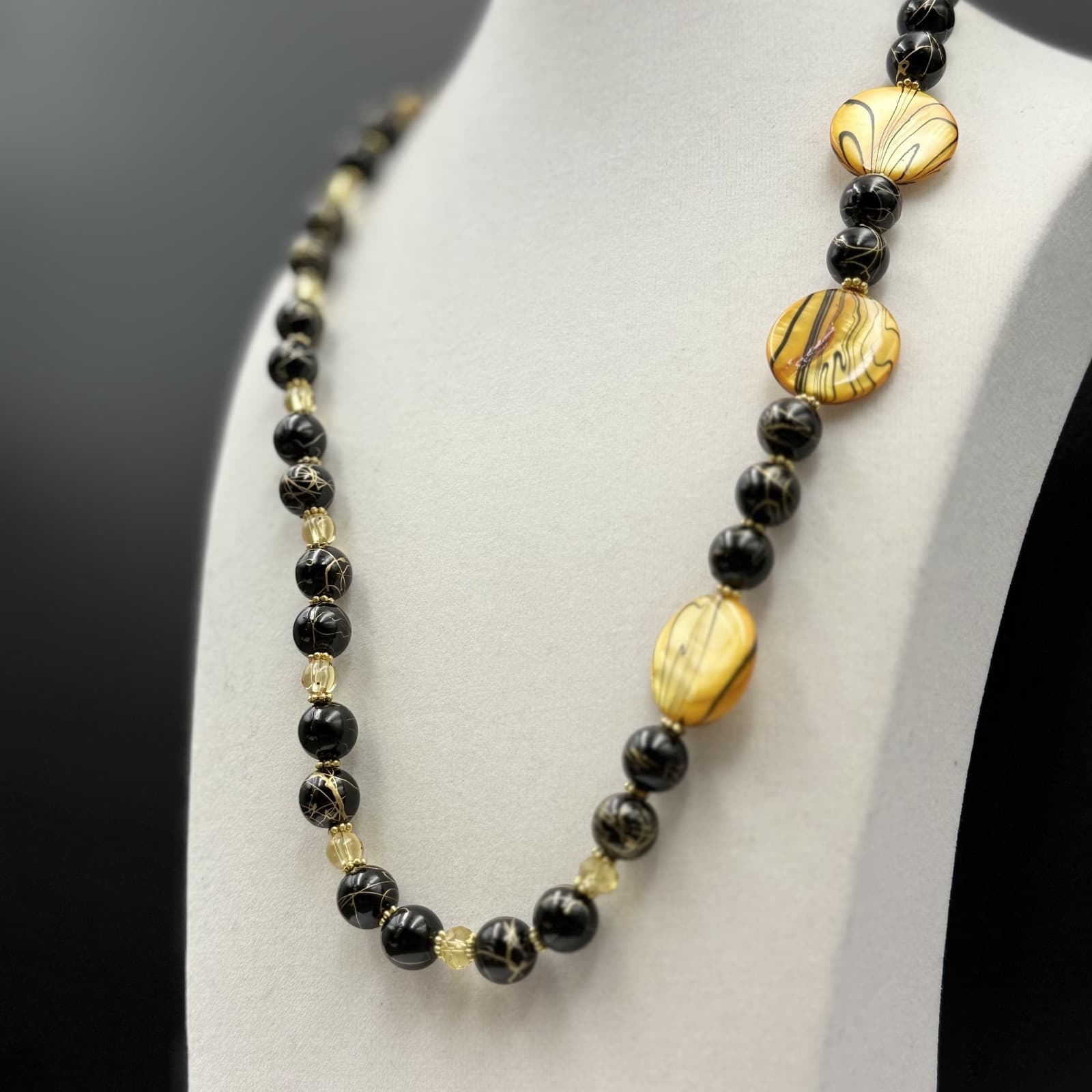 Vintage Black & Gold Glass Bead Necklace w/ Round Artistic Accents - Thumbnail 4