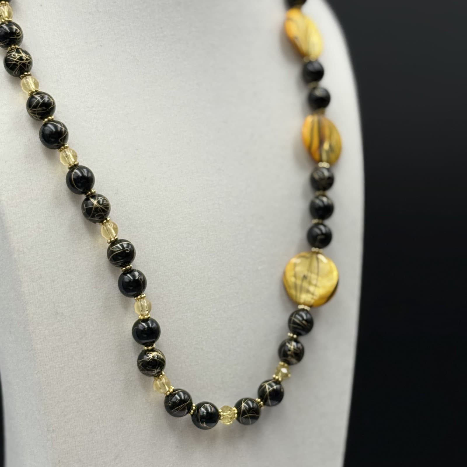 Vintage Black & Gold Glass Bead Necklace w/ Round Artistic Accents - Thumbnail 3