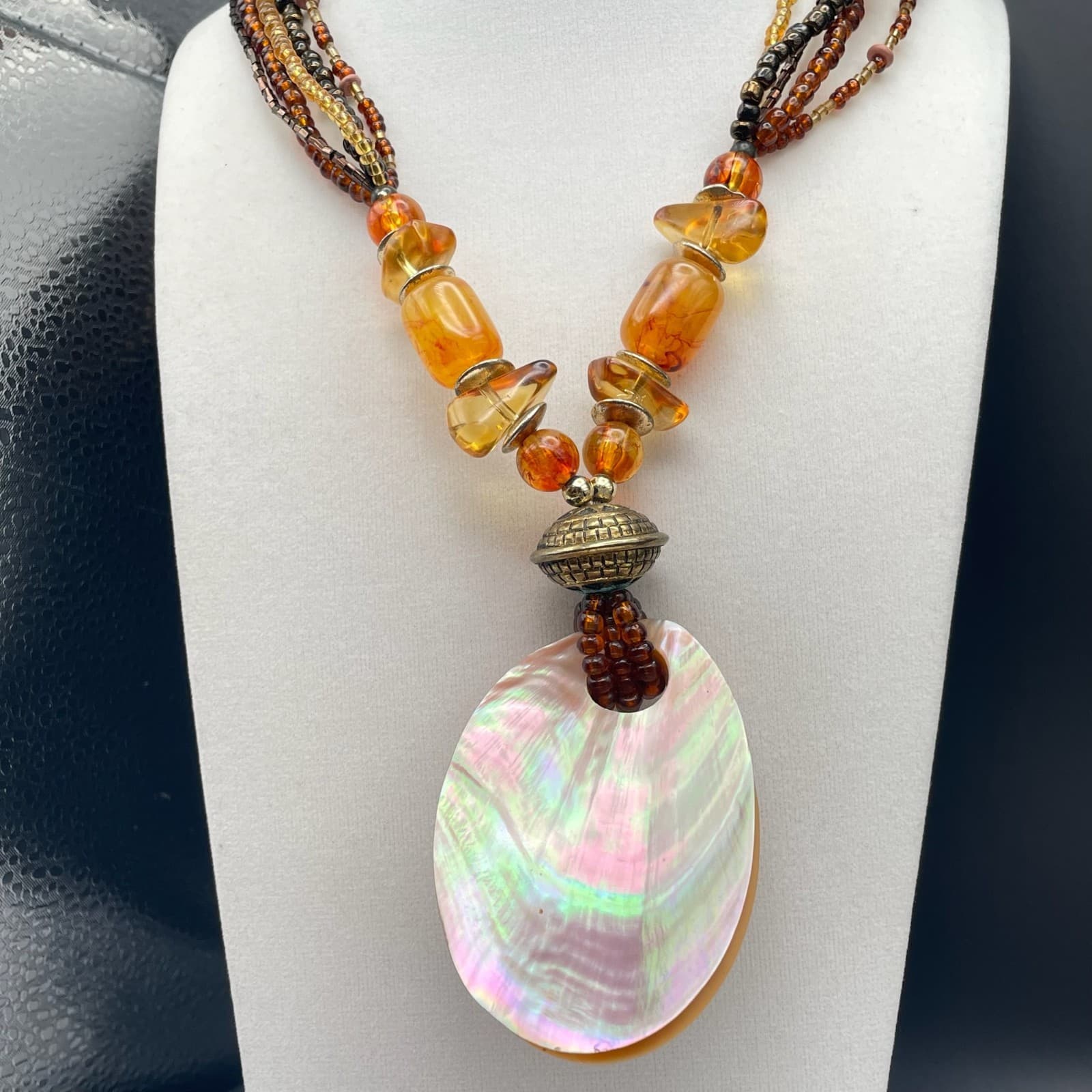 Vintage Statement Multi-Strand Necklace Shell Mother of Pearl Amber Color Beads - Thumbnail 8