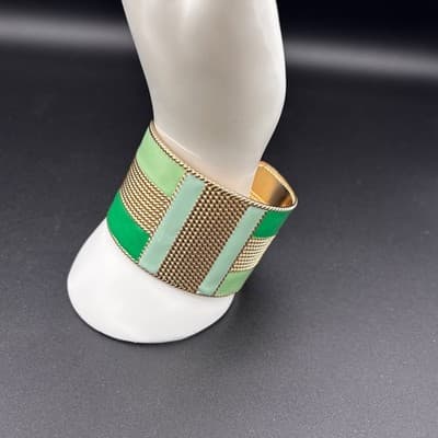 Vintage Gold Tone Green Enamel Mesh Wide Cuff Bracelet Geometric Abstract - Thumbnail 7