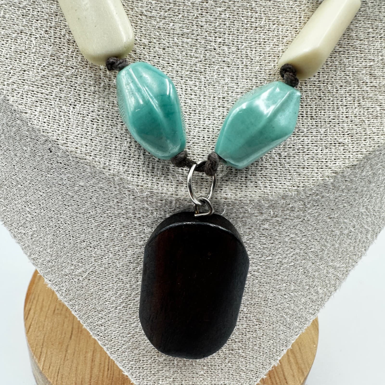 Chunky Black Turquoise Ivory Bead Boho Statement Necklace Adjustable Cord - Thumbnail 2