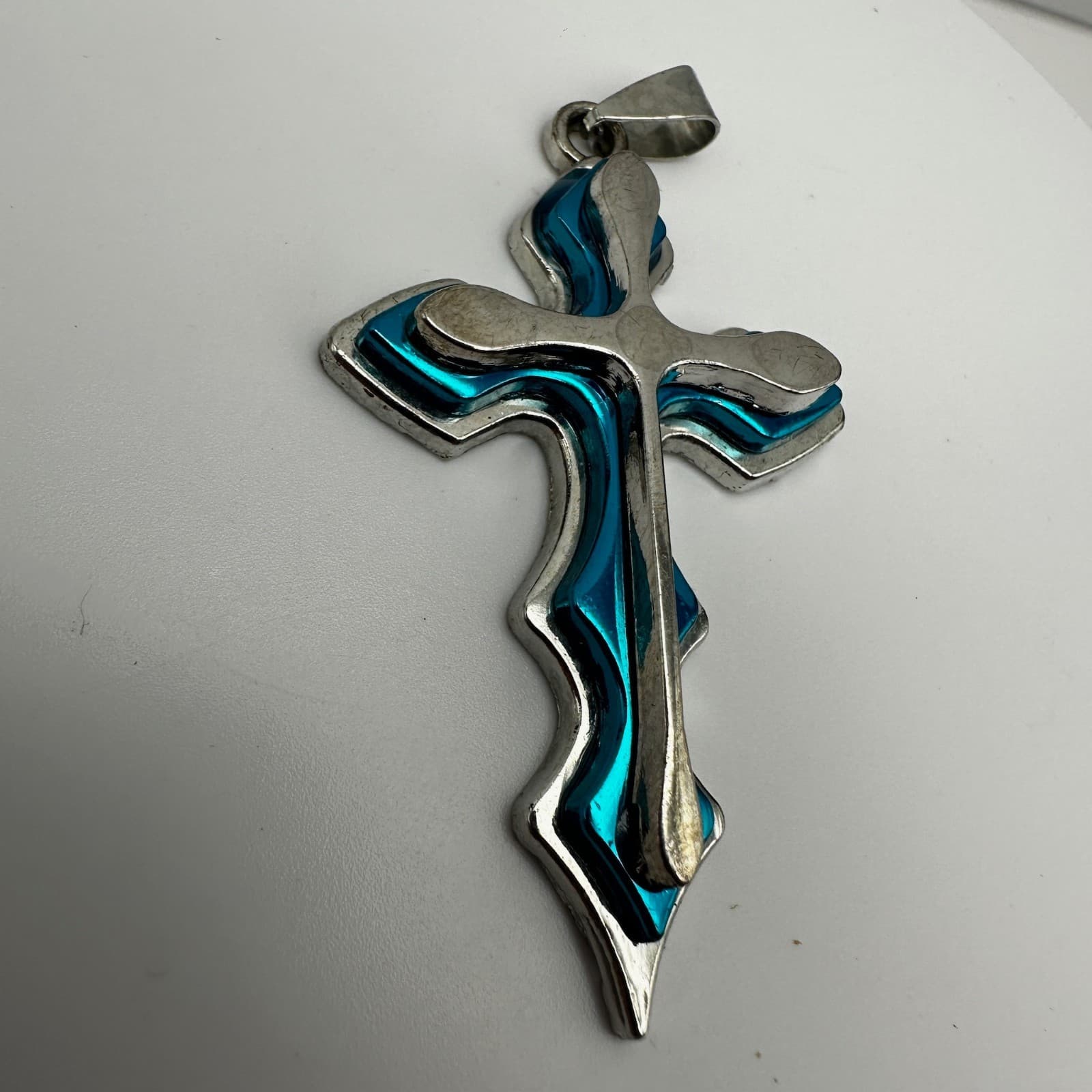 Vintage 80s Gothic Blue Enamel Silver Tone Large Cross Pendant Necklace Jewelry - Thumbnail 3
