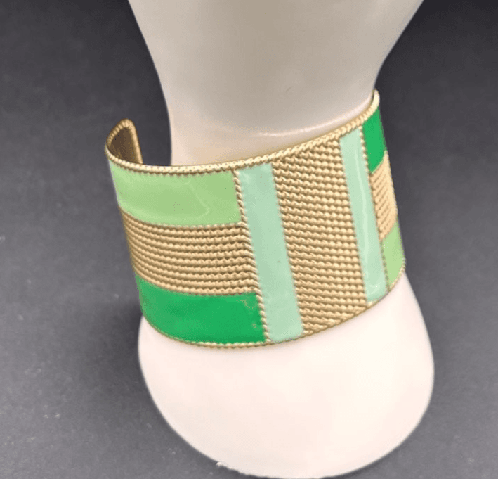 Vintage Gold Tone Green Enamel Mesh Wide Cuff Bracelet Geometric Abstract - Image 1