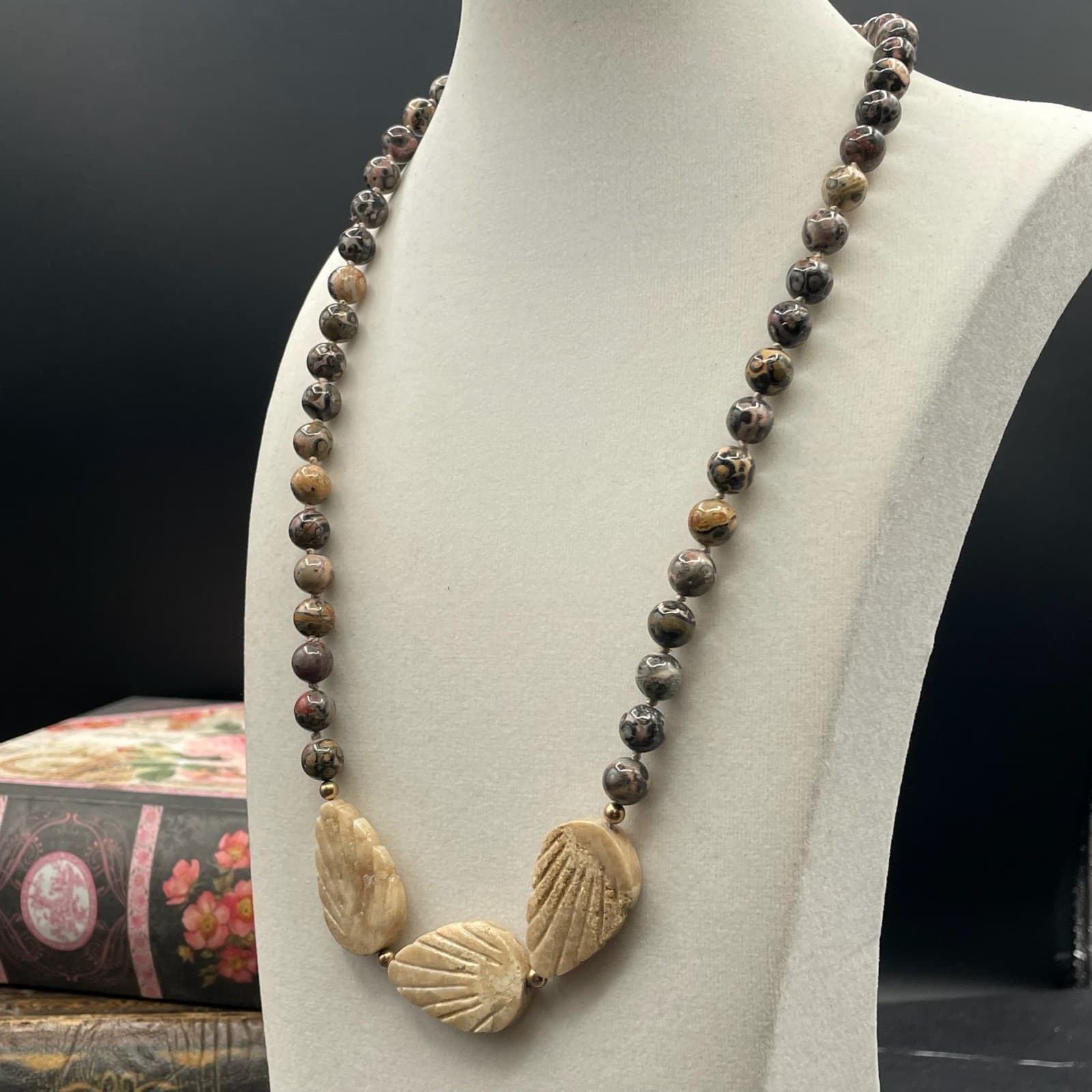 Contemporary Beige Classic Carved Shell Leopard Skin Jasper Statement Necklace - Thumbnail 7