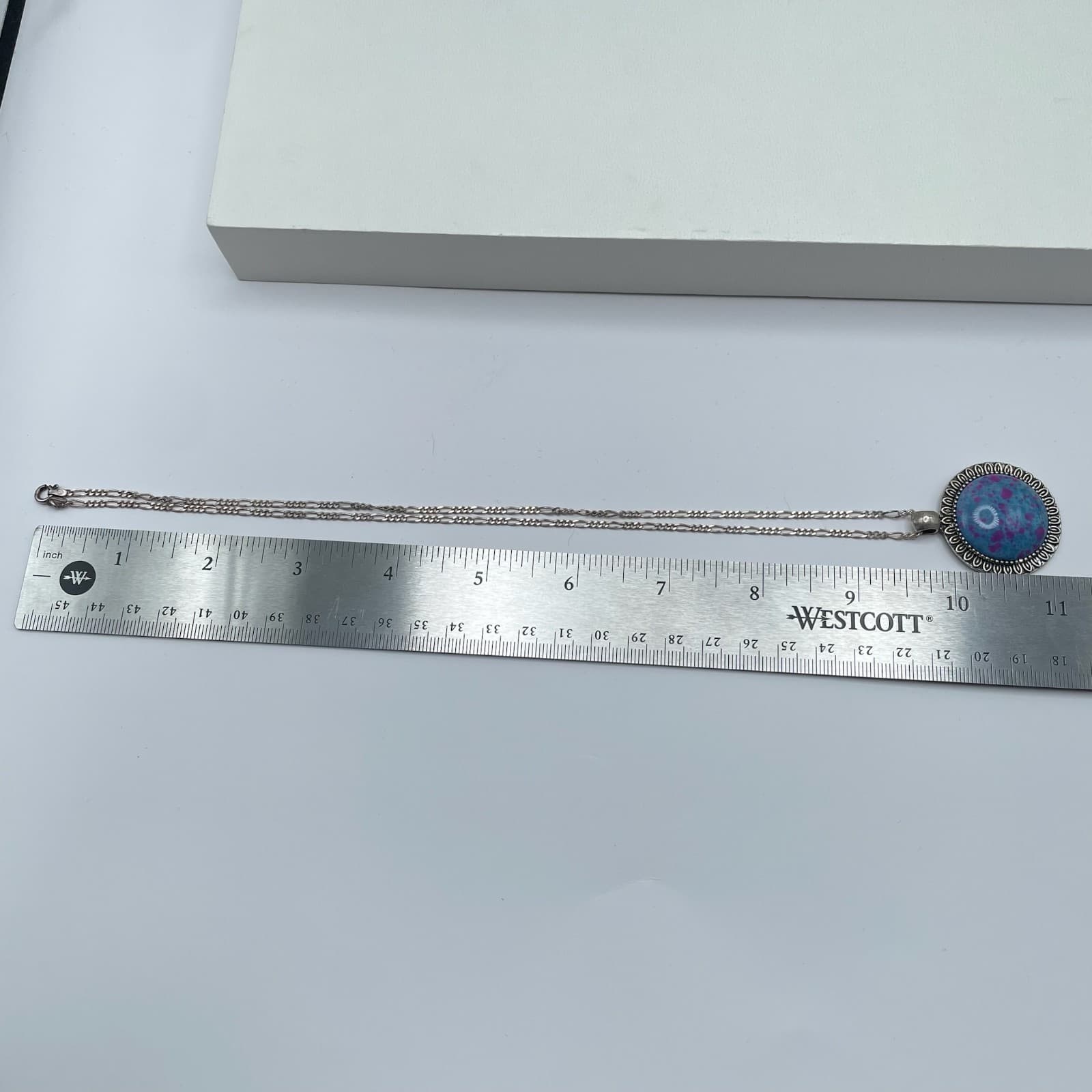 Vintage Y2K Silver Tone Necklace Blue & Pink Splatter Paint Pendant Figaro Chain - Thumbnail 11