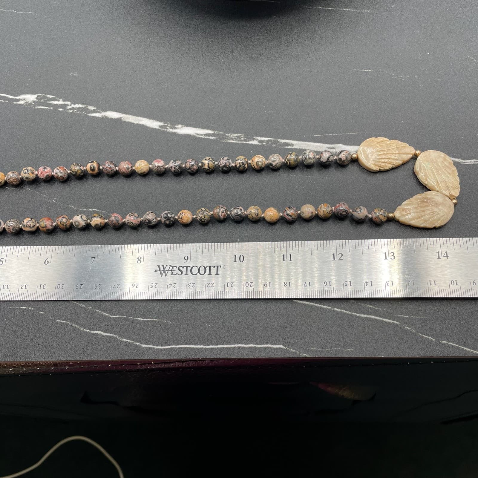 Contemporary Beige Classic Carved Shell Leopard Skin Jasper Statement Necklace - Thumbnail 9