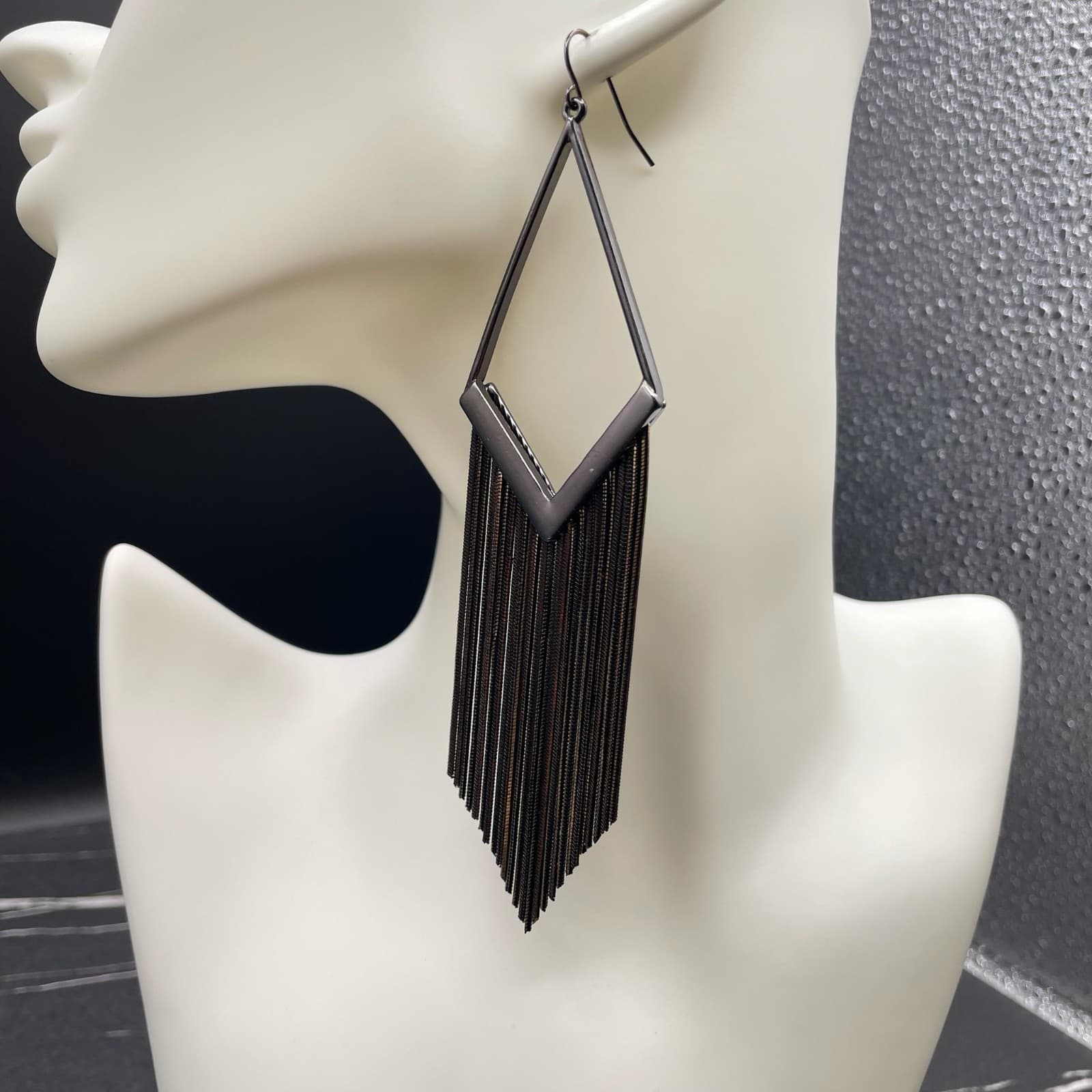 Modern Silver-Tone Classic Gunmetal Snake Chain Tassel Drop French Hook Earring - Thumbnail 8
