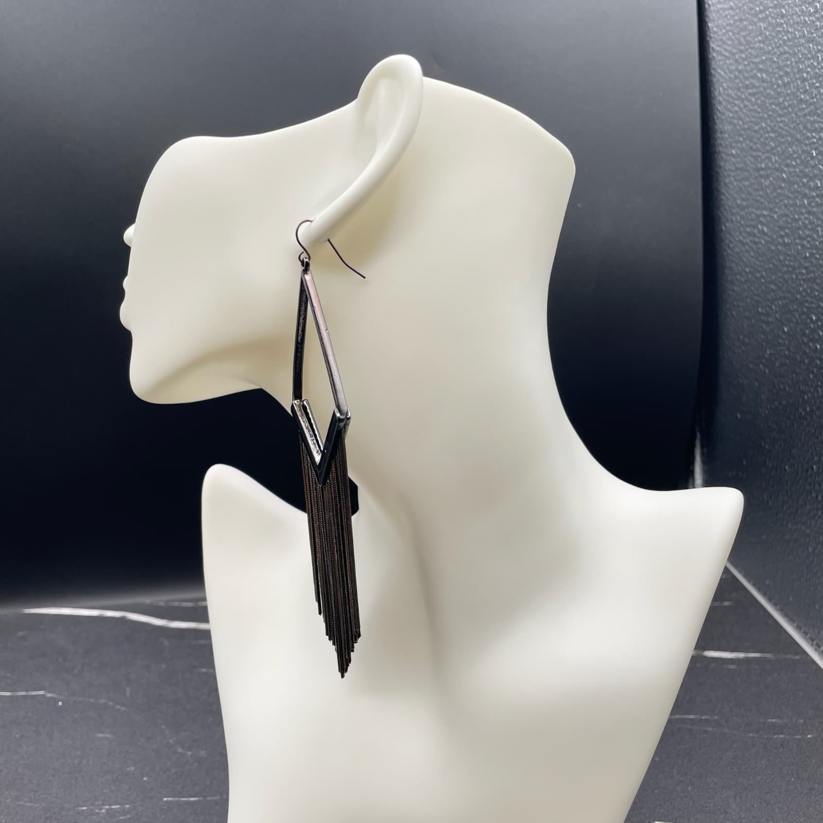 Modern Silver-Tone Classic Gunmetal Snake Chain Tassel Drop French Hook Earring - Thumbnail 9