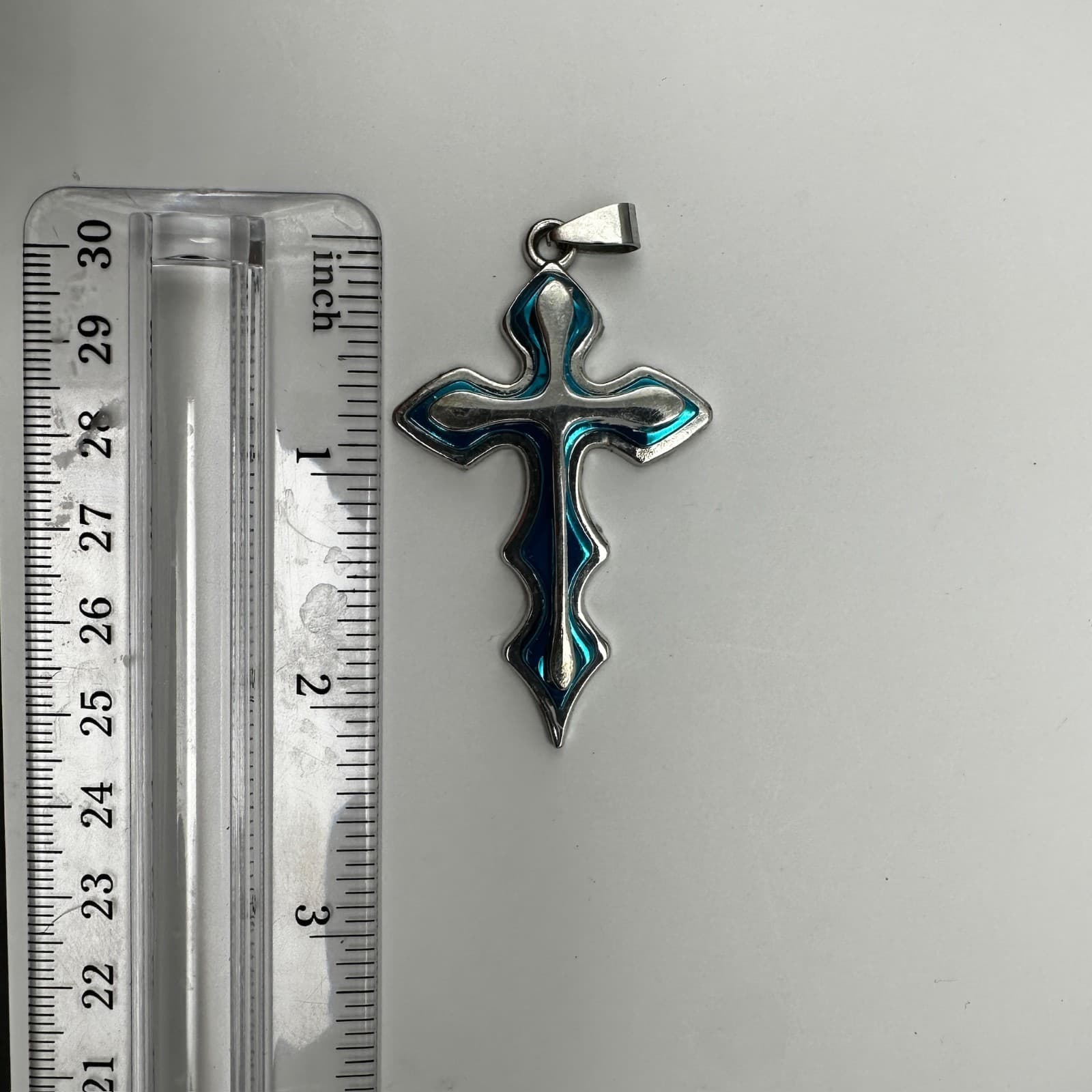 Vintage 80s Gothic Blue Enamel Silver Tone Large Cross Pendant Necklace Jewelry - Thumbnail 7