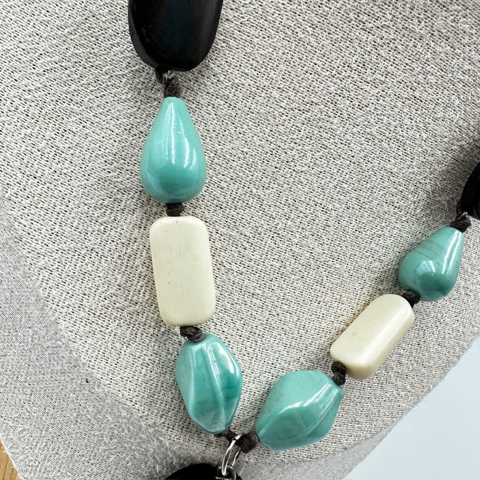 Chunky Black Turquoise Ivory Bead Boho Statement Necklace Adjustable Cord - Thumbnail 3