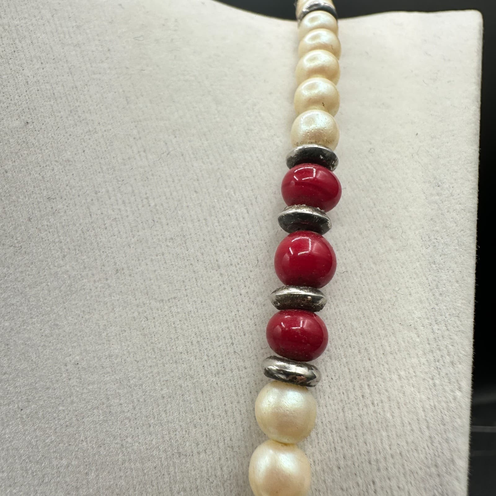 Vintage Faux Pearl Red Glass Bead Necklace Silver Spacer 16" Long Flapper Style - Thumbnail 5