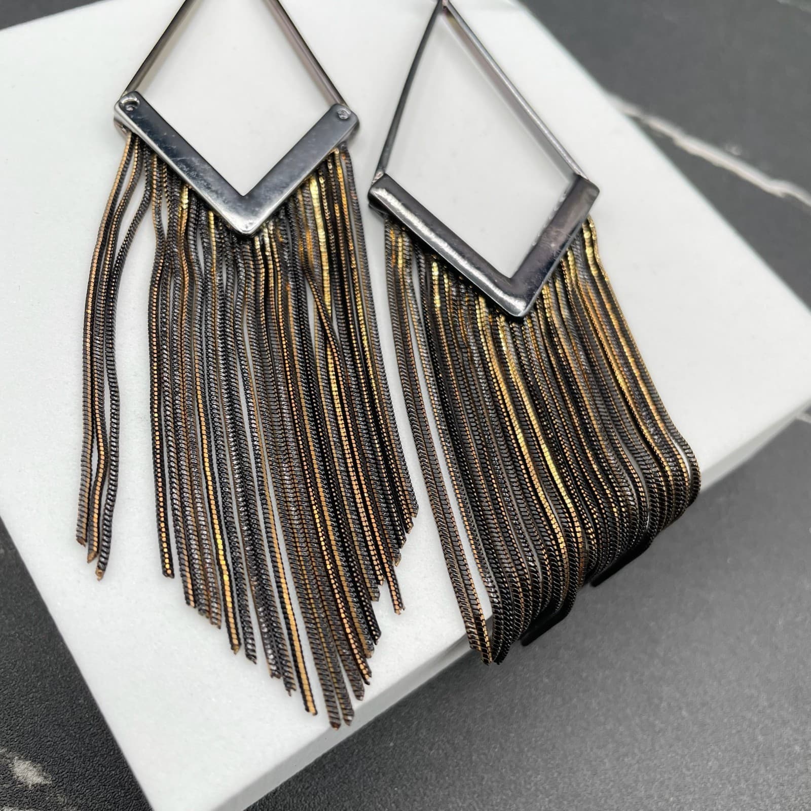 Modern Silver-Tone Classic Gunmetal Snake Chain Tassel Drop French Hook Earring - Thumbnail 5