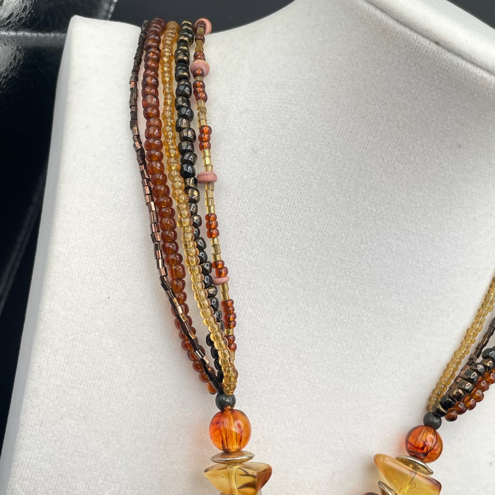 Vintage Statement Multi-Strand Necklace Shell Mother of Pearl Amber Color Beads - Thumbnail 6