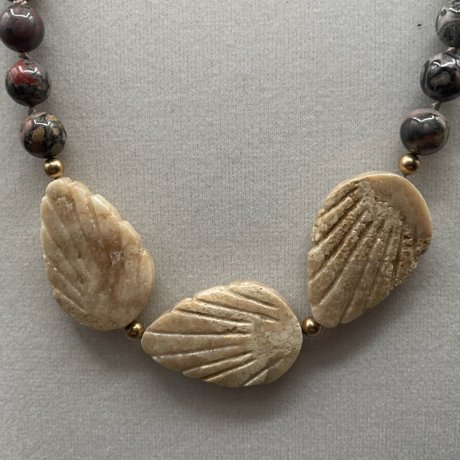 Contemporary Beige Classic Carved Shell Leopard Skin Jasper Statement Necklace - Thumbnail 5