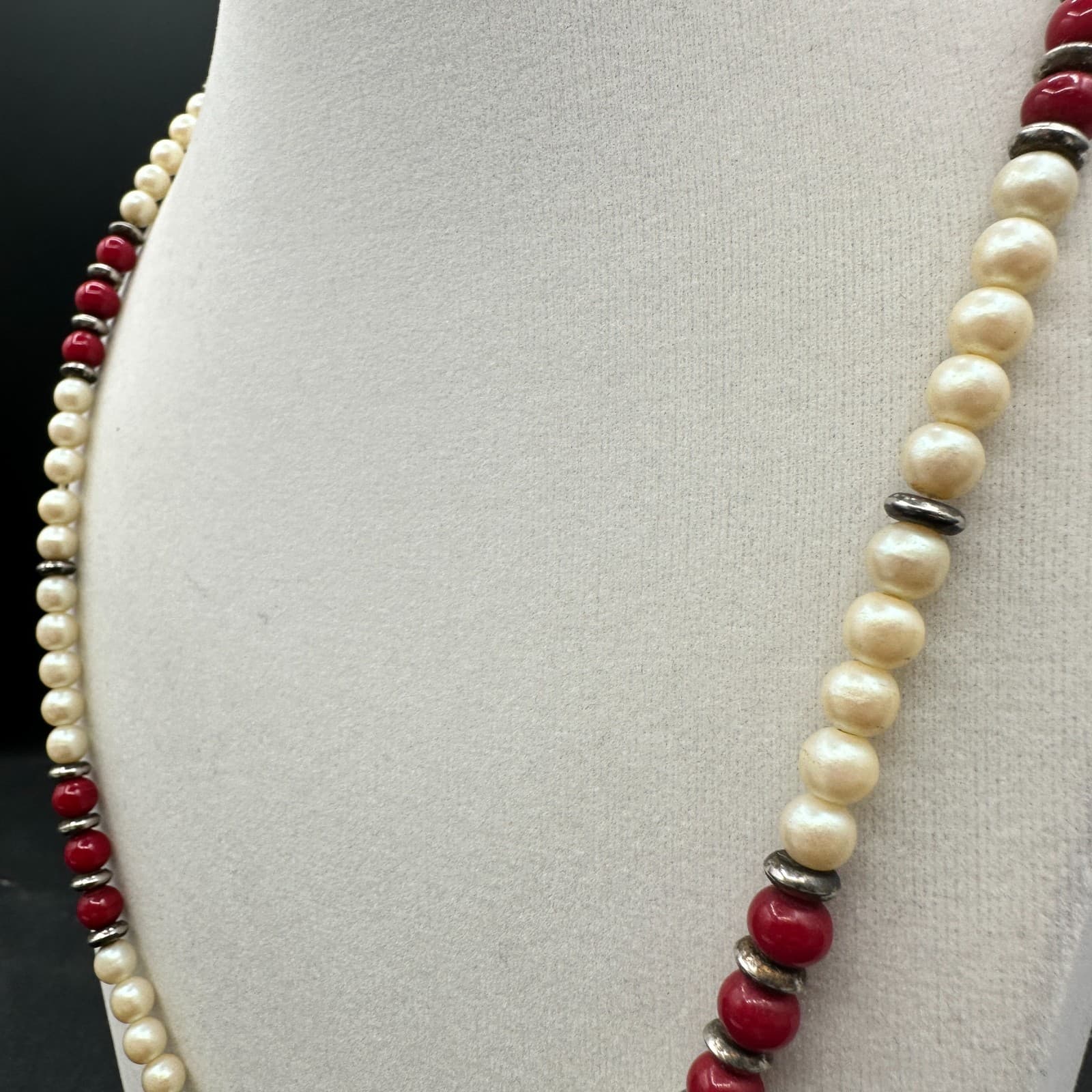 Vintage Faux Pearl Red Glass Bead Necklace Silver Spacer 16" Long Flapper Style - Thumbnail 4