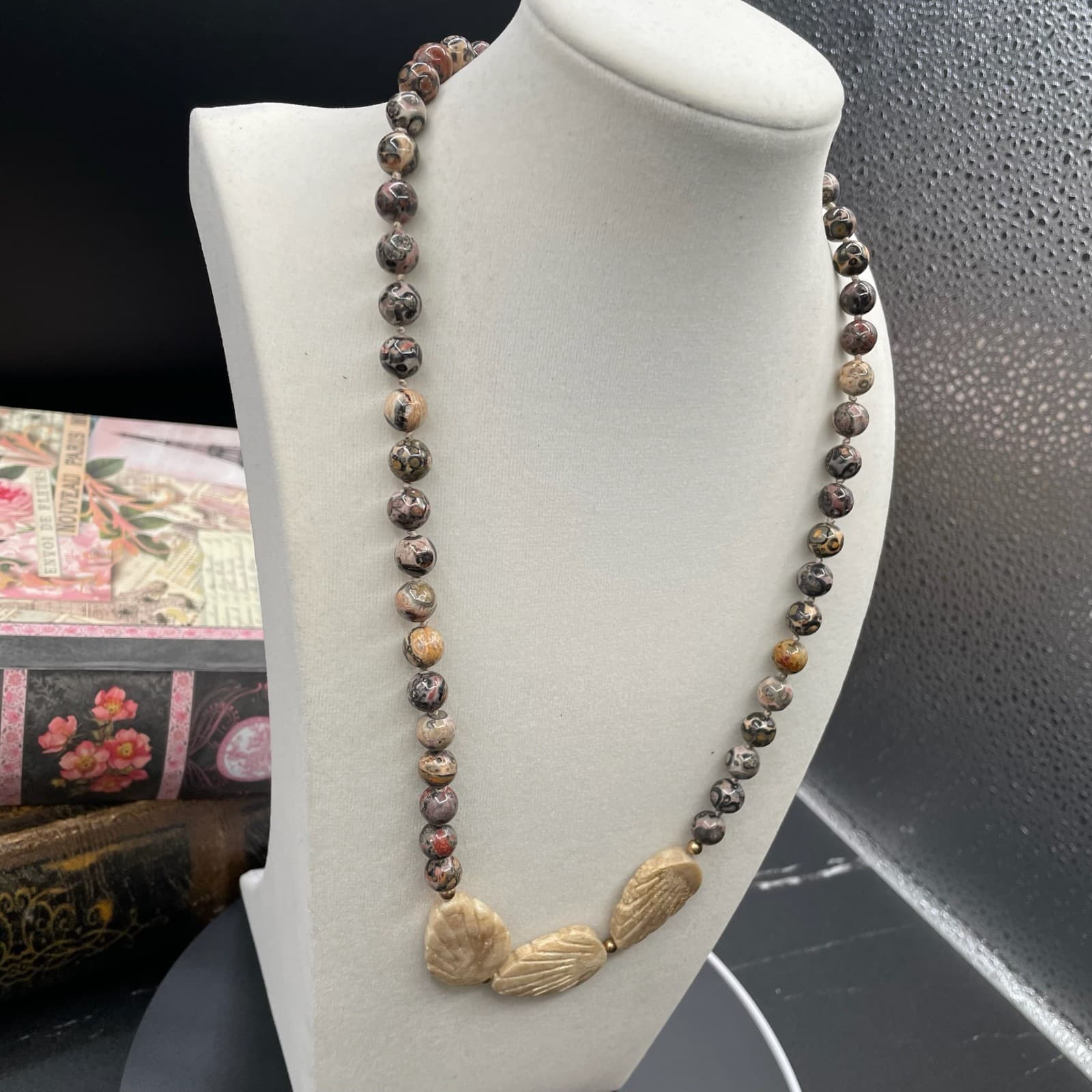 Contemporary Beige Classic Carved Shell Leopard Skin Jasper Statement Necklace - Thumbnail 3