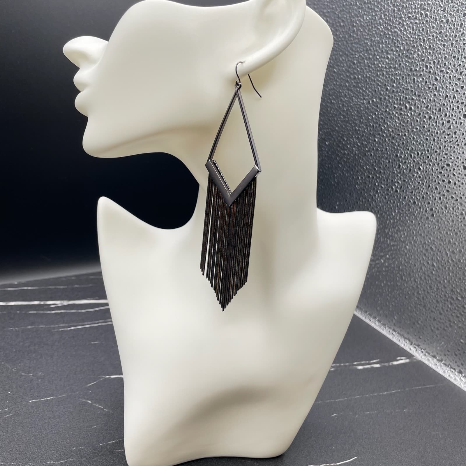 Modern Silver-Tone Classic Gunmetal Snake Chain Tassel Drop French Hook Earring - Thumbnail 6