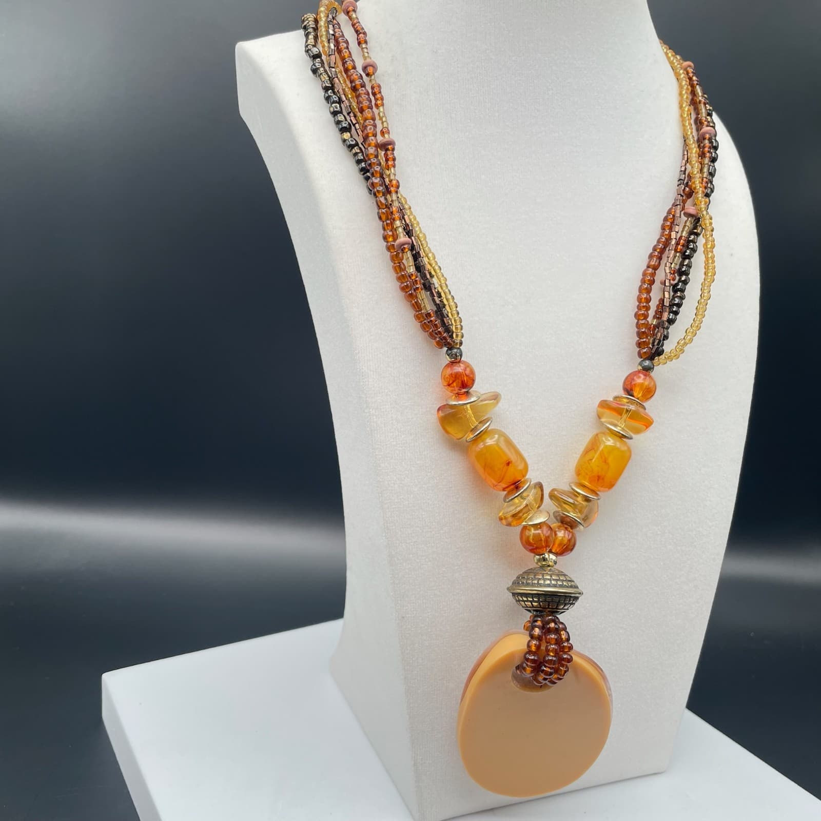 Vintage Statement Multi-Strand Necklace Shell Mother of Pearl Amber Color Beads - Thumbnail 2