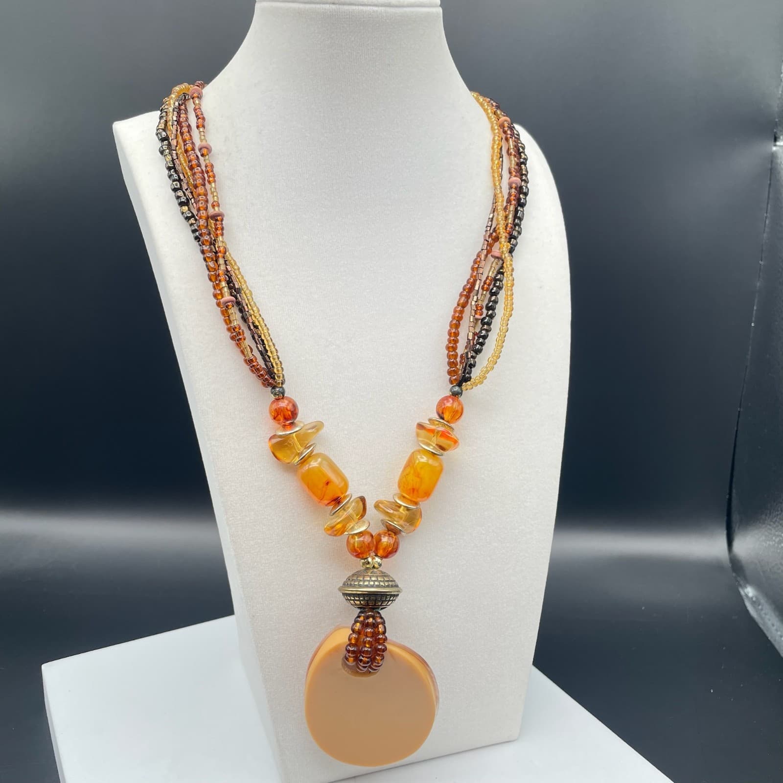 Vintage Statement Multi-Strand Necklace Shell Mother of Pearl Amber Color Beads - Image 1
