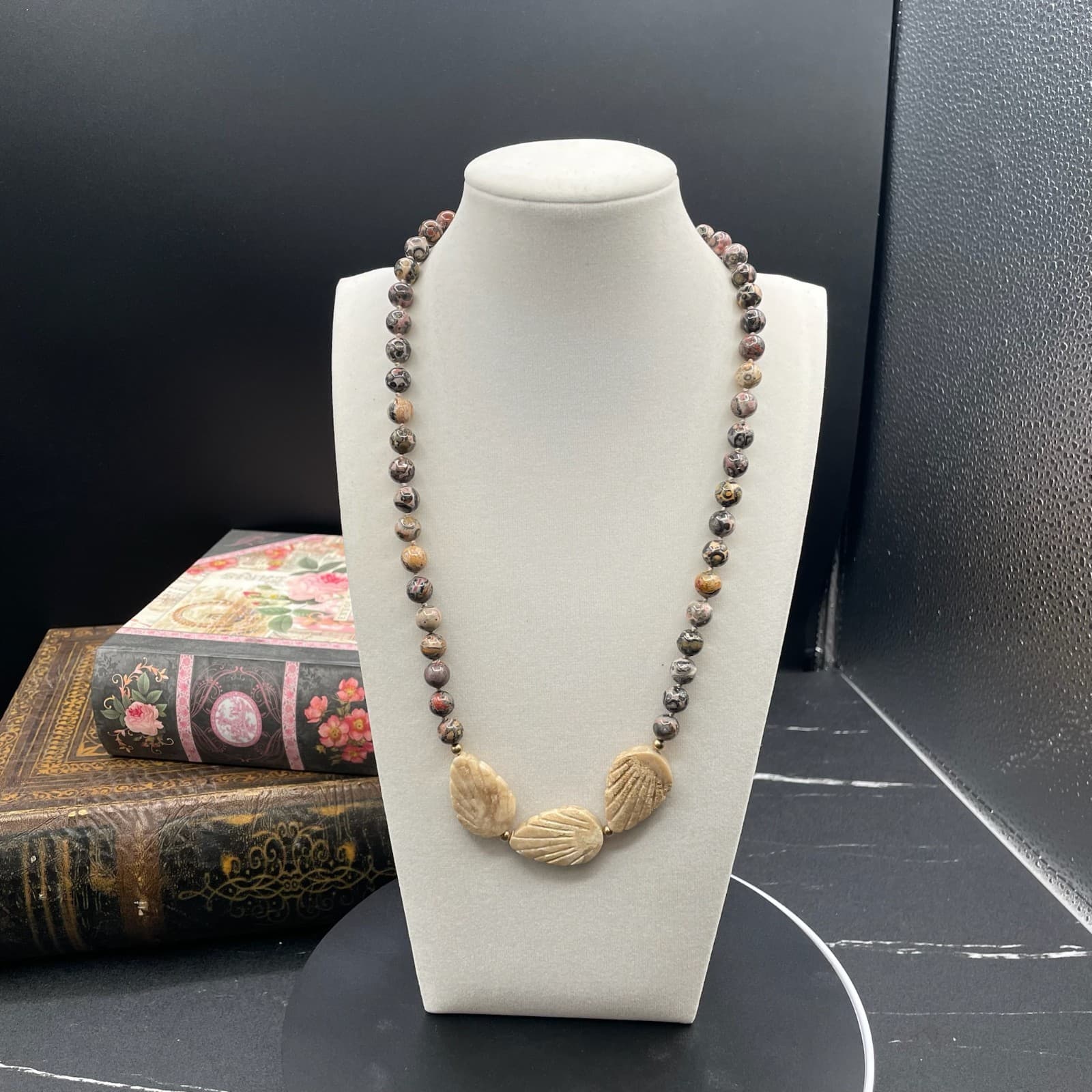 Contemporary Beige Classic Carved Shell Leopard Skin Jasper Statement Necklace - Image 1