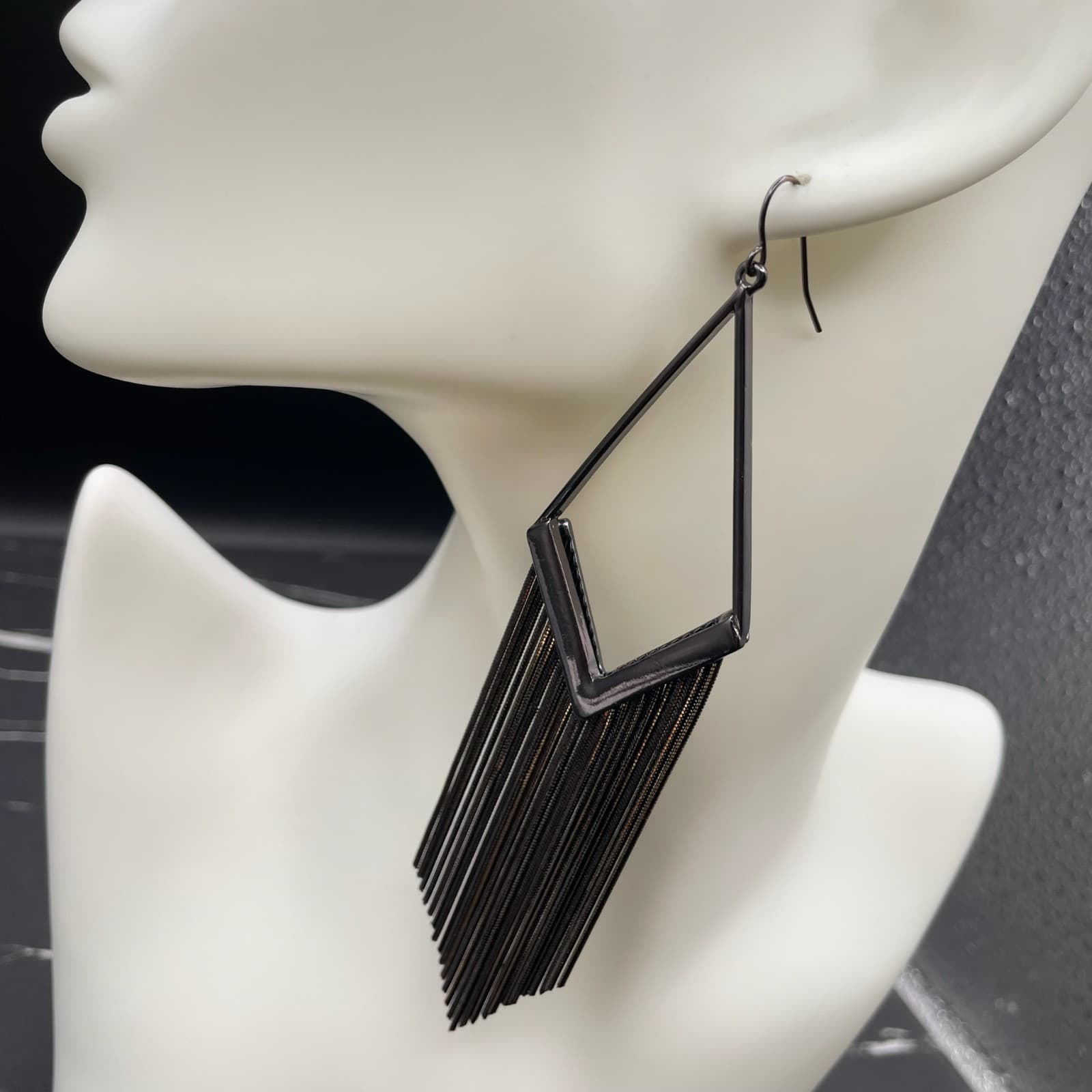 Modern Silver-Tone Classic Gunmetal Snake Chain Tassel Drop French Hook Earring - Thumbnail 10