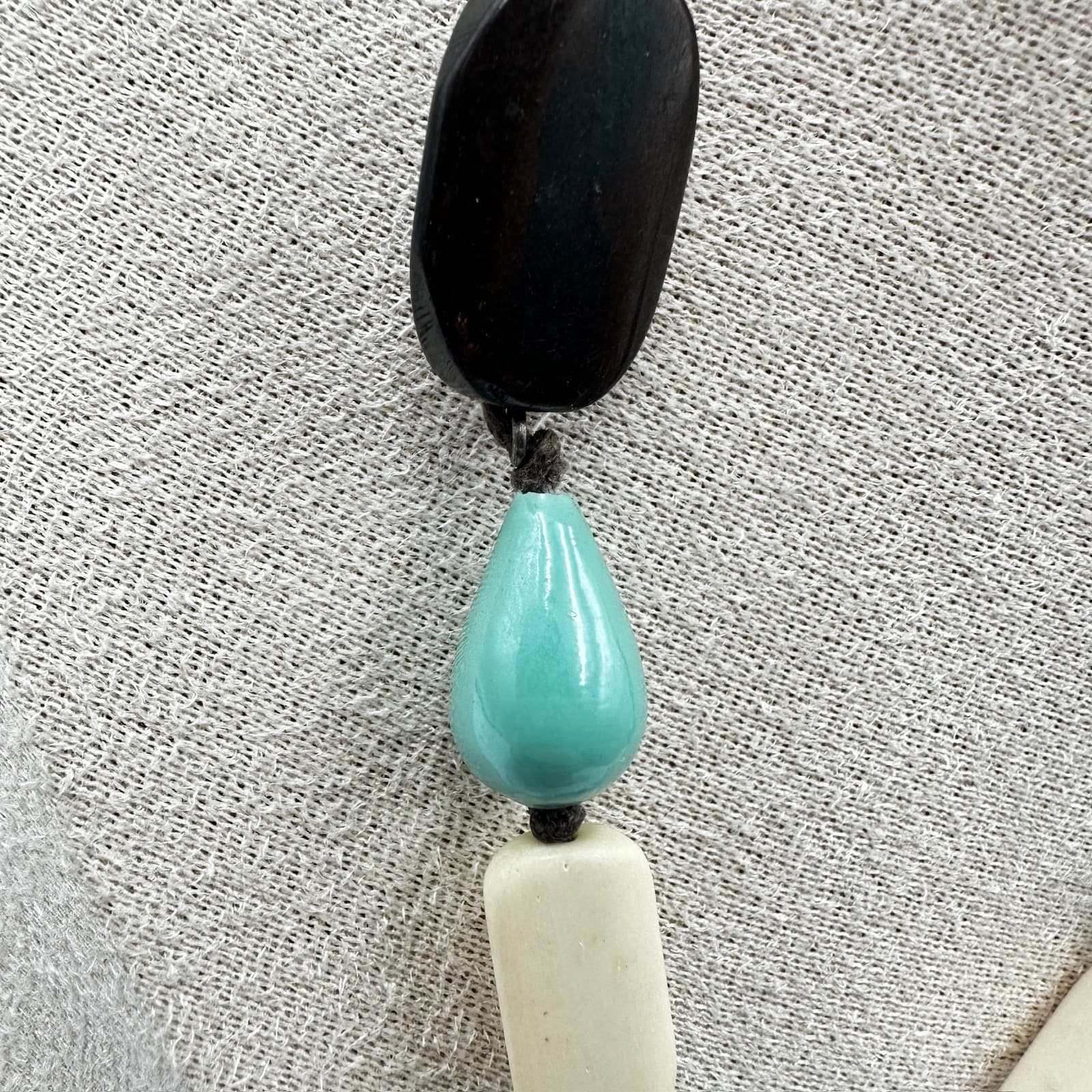 Chunky Black Turquoise Ivory Bead Boho Statement Necklace Adjustable Cord - Thumbnail 4