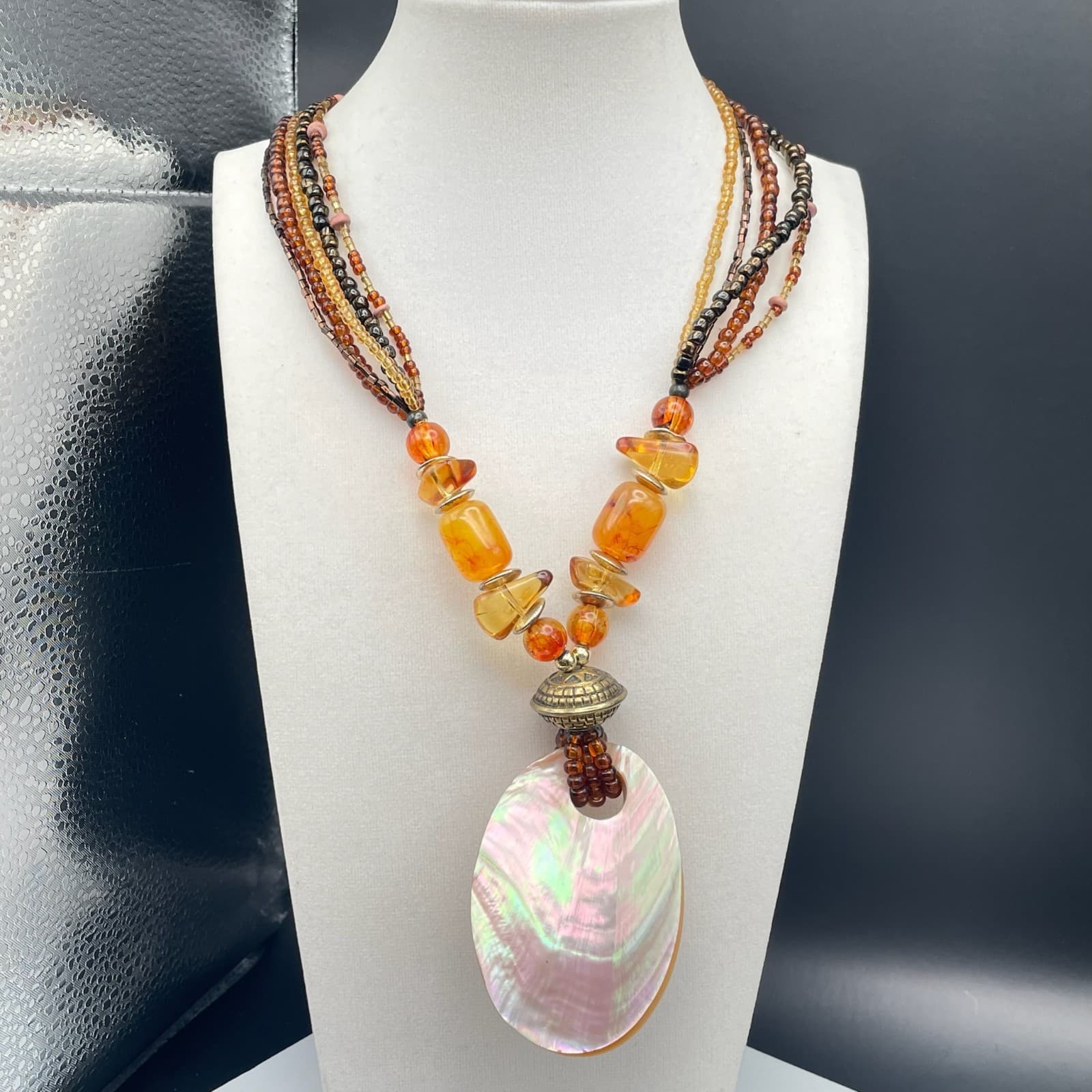 Vintage Statement Multi-Strand Necklace Shell Mother of Pearl Amber Color Beads - Thumbnail 3