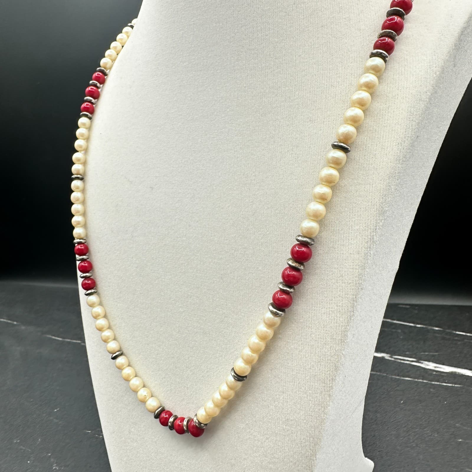 Vintage Faux Pearl Red Glass Bead Necklace Silver Spacer 16" Long Flapper Style - Thumbnail 3