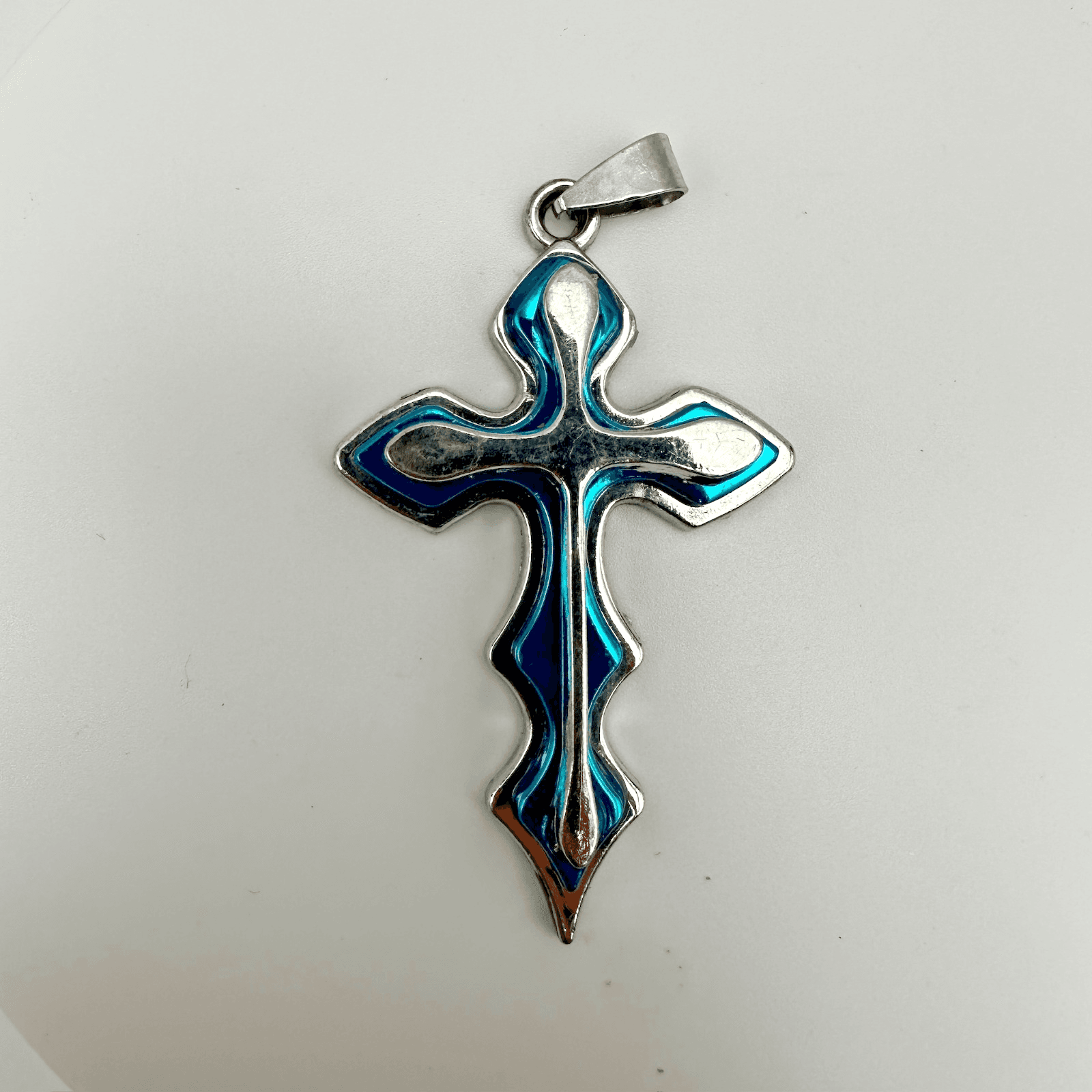 Vintage 80s Gothic Blue Enamel Silver Tone Large Cross Pendant Necklace Jewelry - Image 1