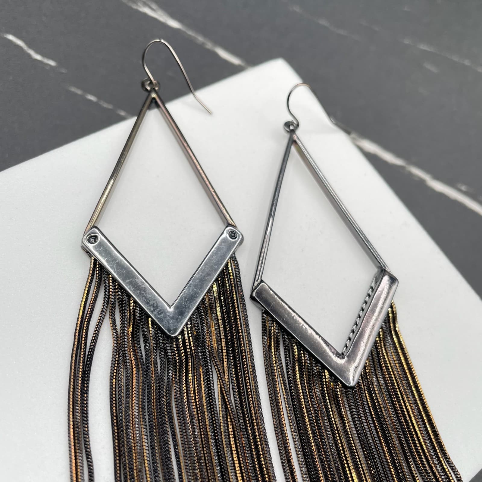 Modern Silver-Tone Classic Gunmetal Snake Chain Tassel Drop French Hook Earring - Thumbnail 4