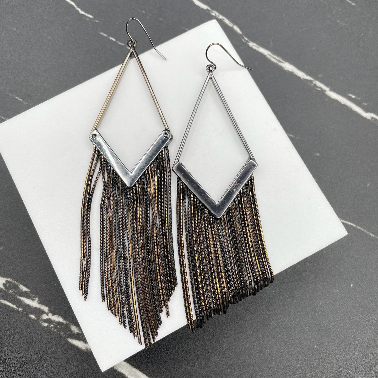 Modern Silver-Tone Classic Gunmetal Snake Chain Tassel Drop French Hook Earring - Thumbnail 2